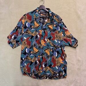 80s 90s Bon Homme Abstract Art Deco Disco Rave Shirt Men's M USA Made VTG Rayon